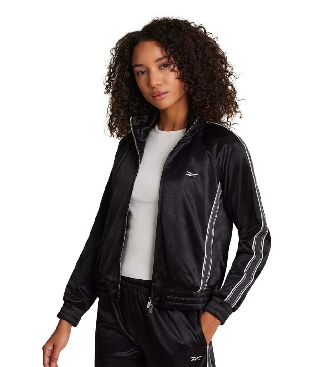 Reebok Black Satin Full-Zip Track Jacket with Side Stripe